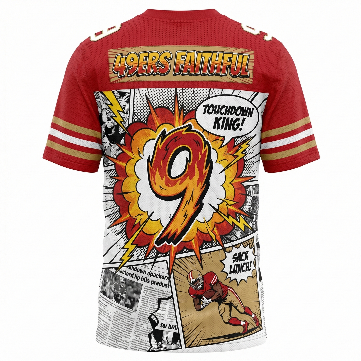 Bay Area Gold Rush Vintage Comic Bootleg Football Jersey - Satirical Red & Gold Gridiron AOP Shirt