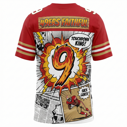Bay Area Gold Rush Vintage Comic Bootleg Football Jersey - Satirical Red & Gold Gridiron AOP Shirt