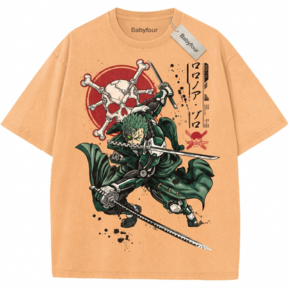 Anime Green Hair Swordsman Three-Sword Style Funny Chibi Graphic Tee Vintage Retro Unisex T-shirt