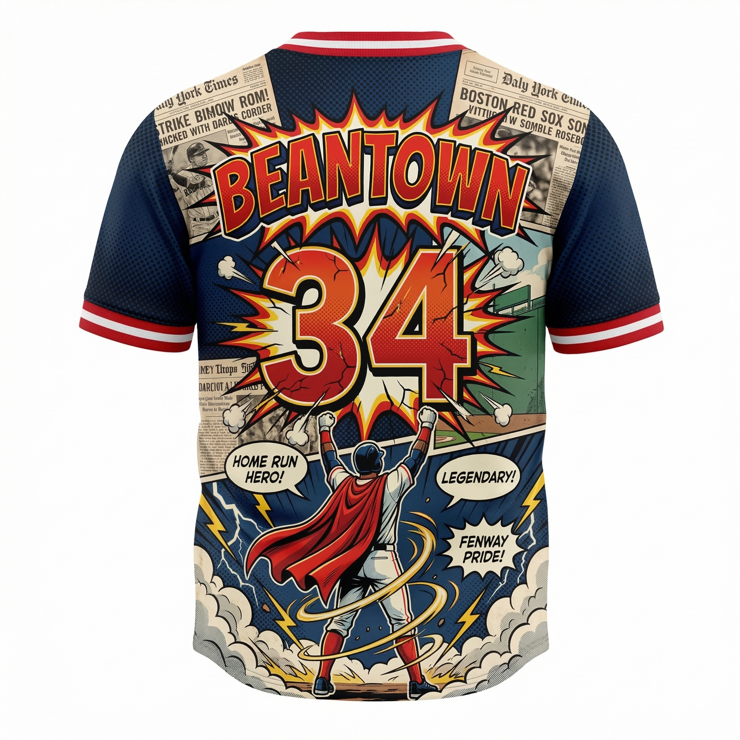 Vintage Beantown Baseball Comic Art AOP Button-Up Jersey | Retro Fenway Heritage Sports Shirt