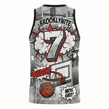 Custom BKLYN Basketball Jersey - "Borough Grit" Comic Art AOP - Black/White Streetwear Tank Top - Fan Edition Gear