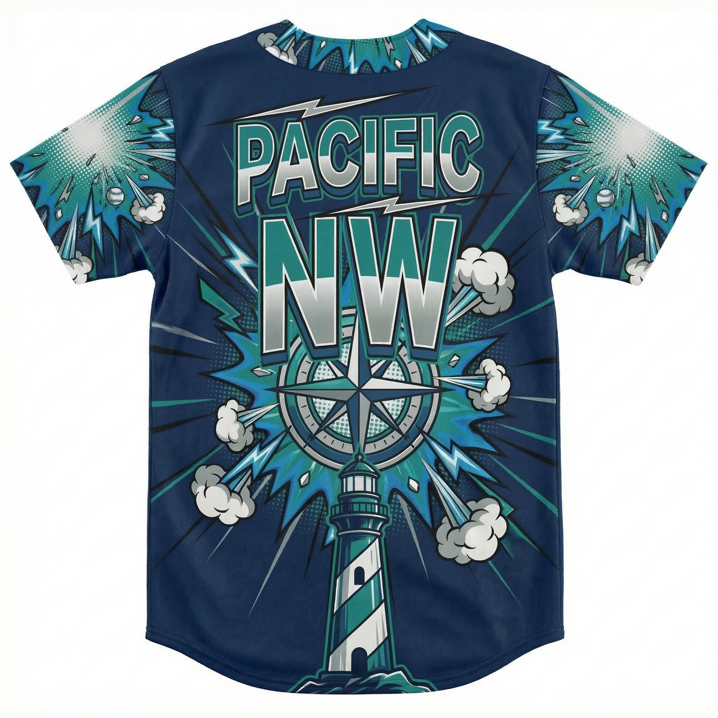 Unisex Emerald City Baseball Jersey AOP - Retro 90s Comic Style Graphic Button-Up Shirt - PNW Hitter Heritage
