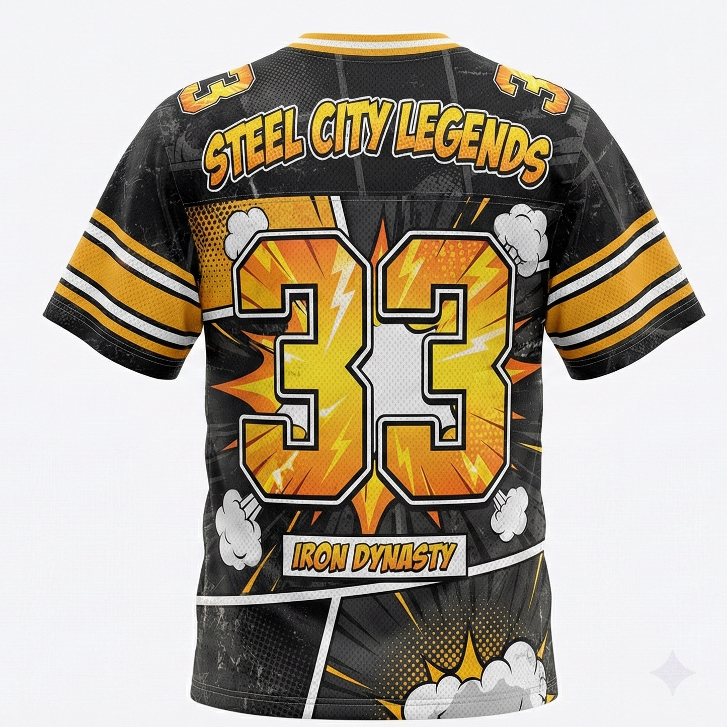 Vintage Steel City Black and Gold Comic Style Football Jersey - Iron City Gridiron Legend Heritage AOP Shirt