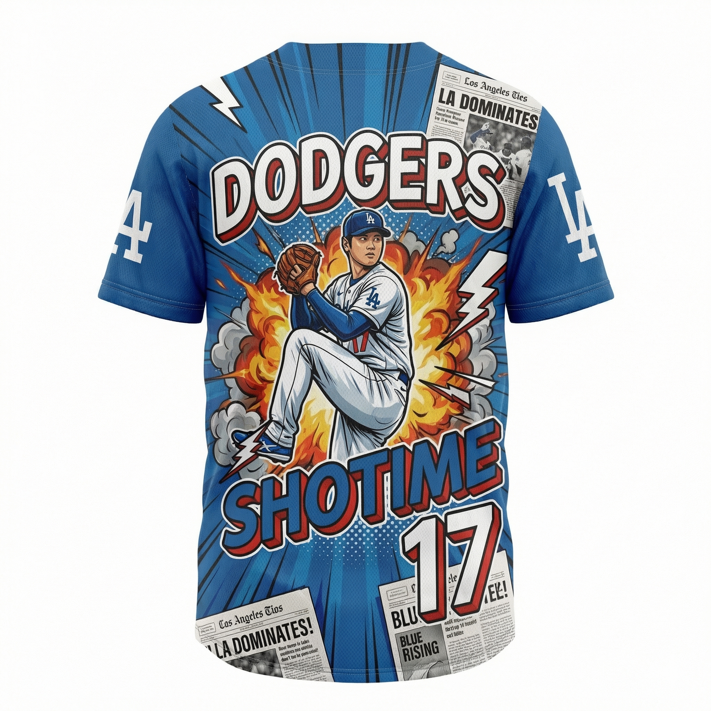 Unisex LA Blue Baseball Jersey AOP - Dynamic Comic Style "Shotime" Graphic Button-Down Shirt