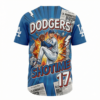 Unisex LA Blue Baseball Jersey AOP - Dynamic Comic Style "Shotime" Graphic Button-Down Shirt