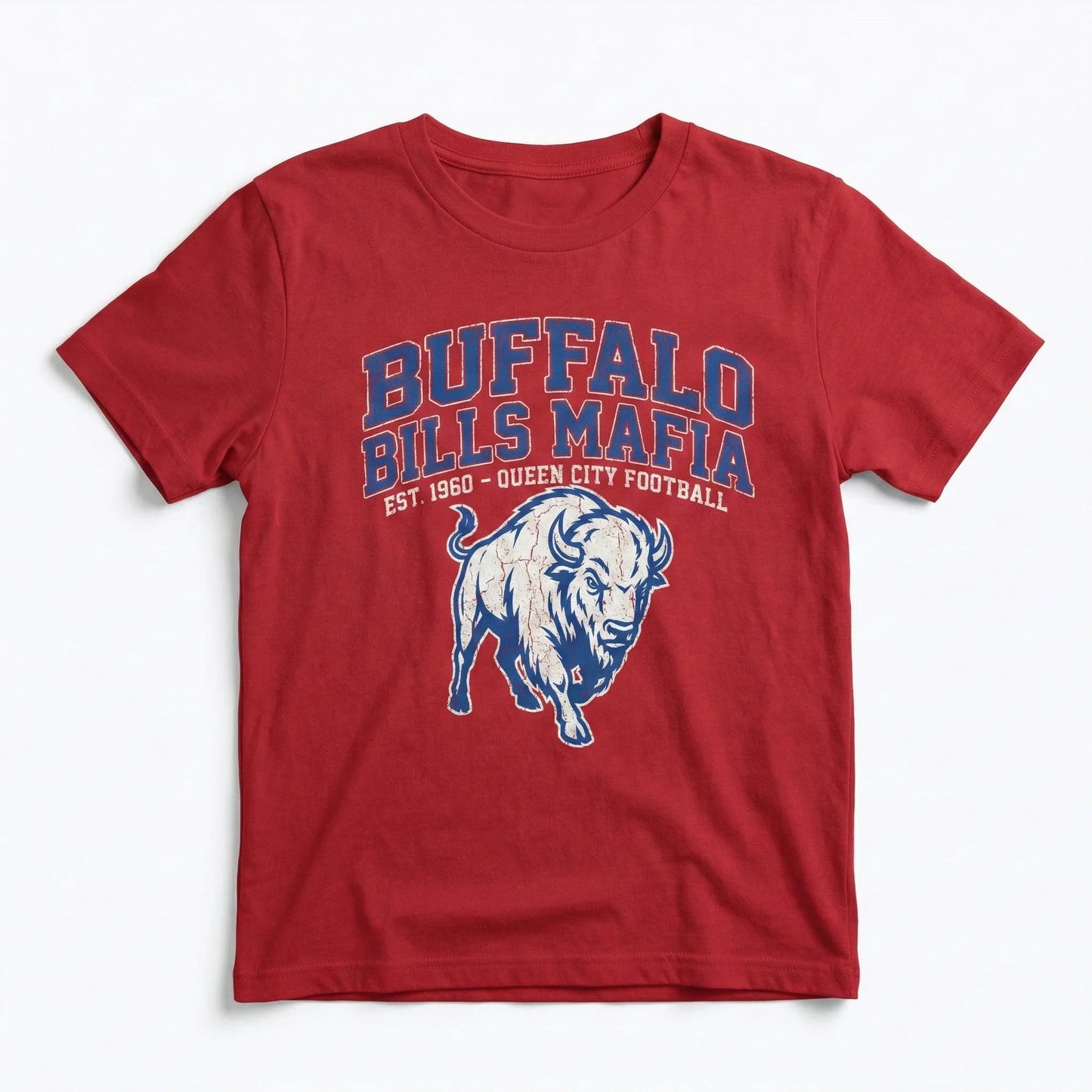 Red T-shirt with buffalo graphic and bold text, sports-themed apparel flat lay