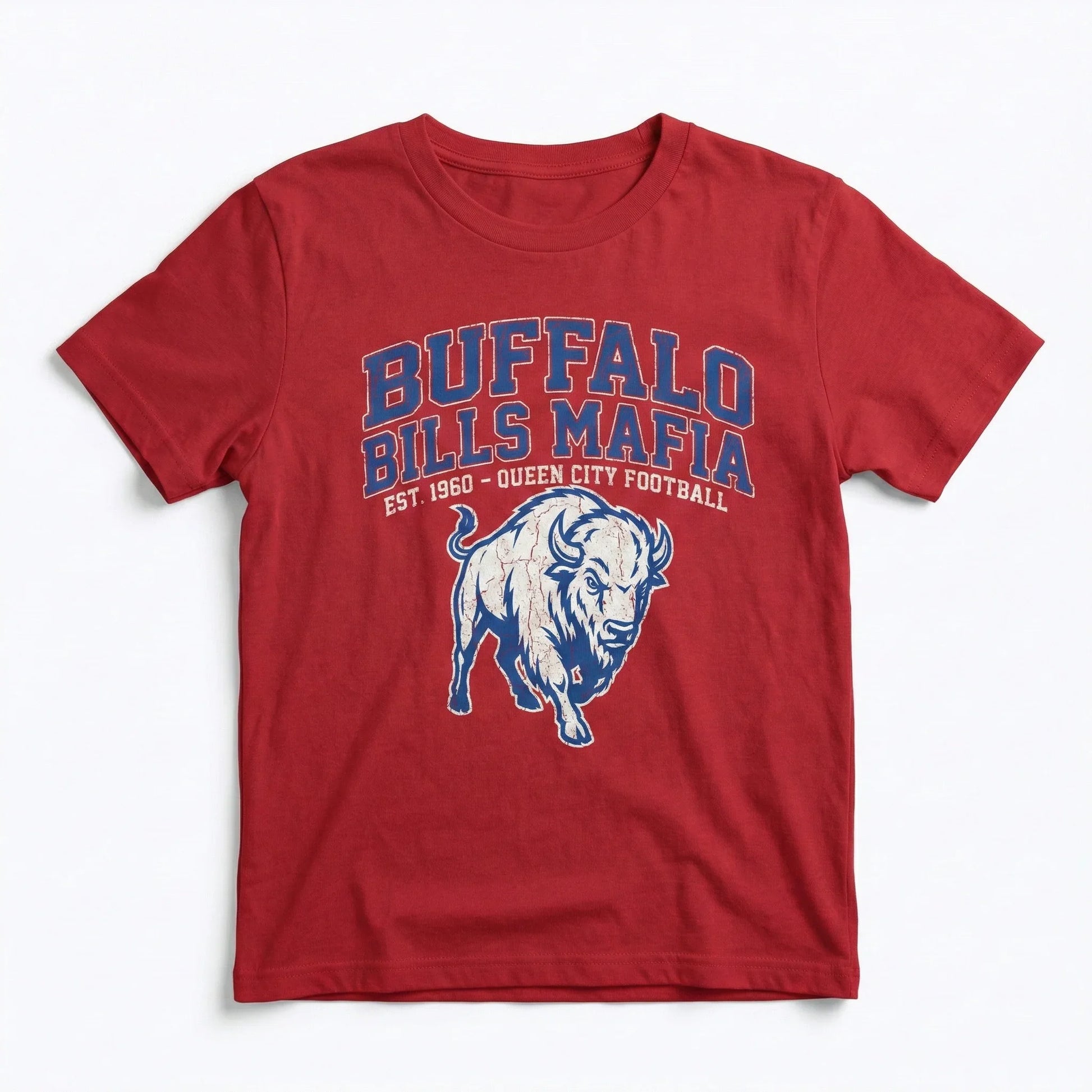 Red T-shirt with buffalo graphic and bold text, sports-themed apparel flat lay