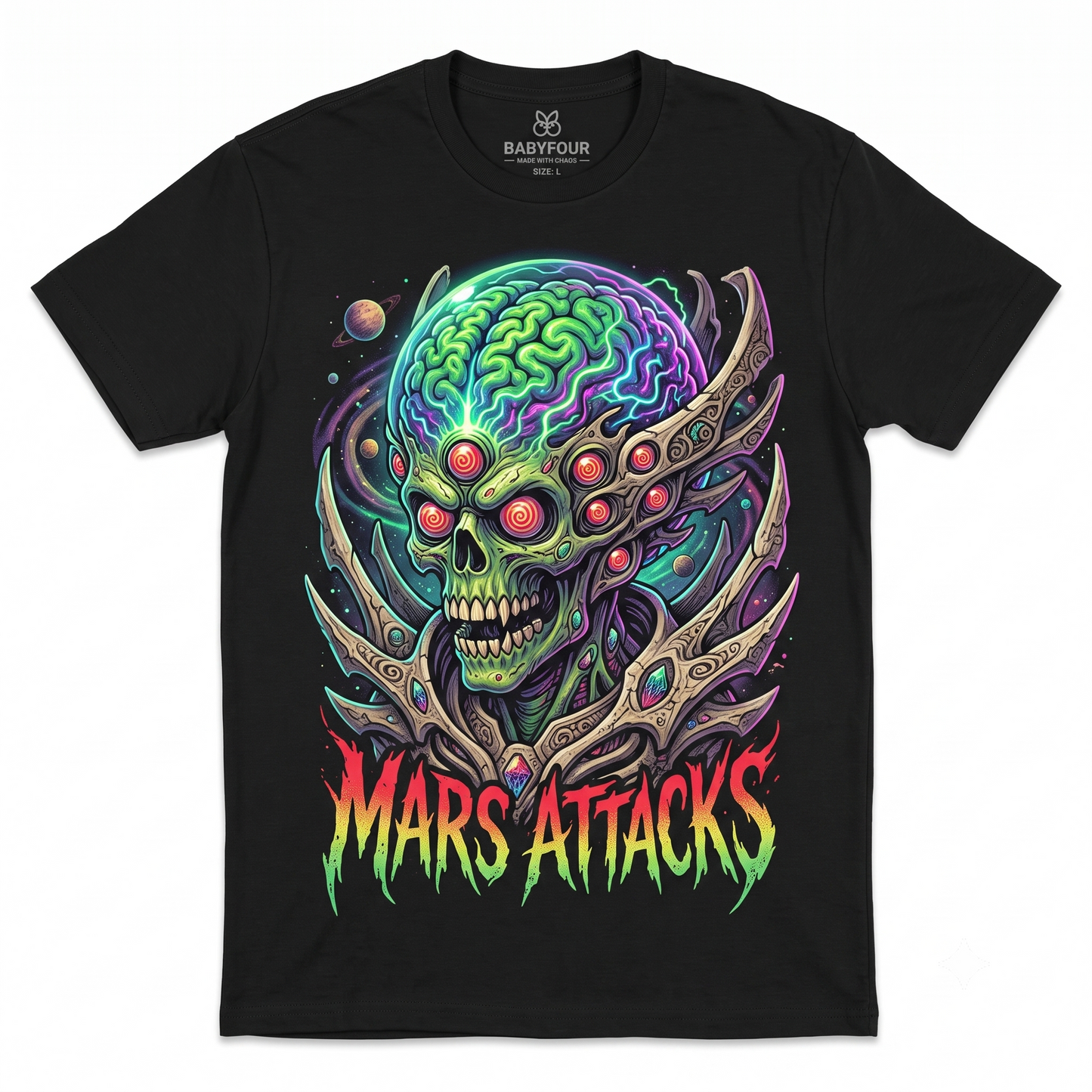 Vintage Alien Sci-Fi Cult Movie Graphic Tee - Retro Green Martian Rib Cage Laser Weapon Design - Unisex T-shirt - 2