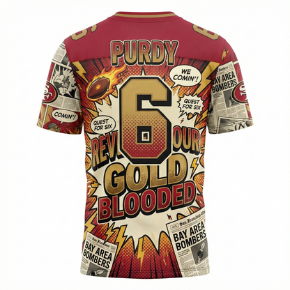 Vintage Bay Area Football Comic Vibe AOP Jersey - Gold & Crimson Streetwear