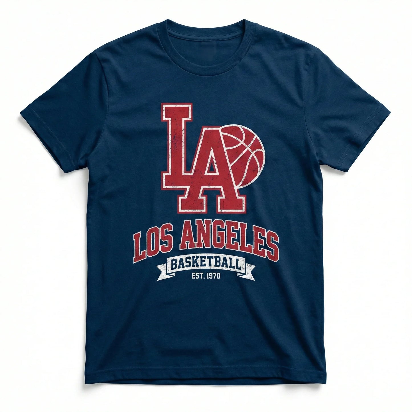 Navy blue t-shirt with red LA basketball graphic and Los Angeles text, sporty design