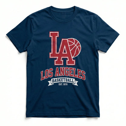 Navy blue t-shirt with red LA basketball graphic and Los Angeles text, sporty design