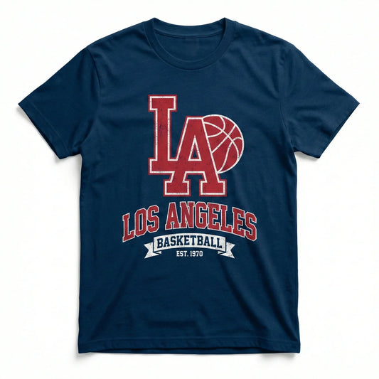 Navy blue t-shirt with red LA basketball graphic and Los Angeles text, sporty design