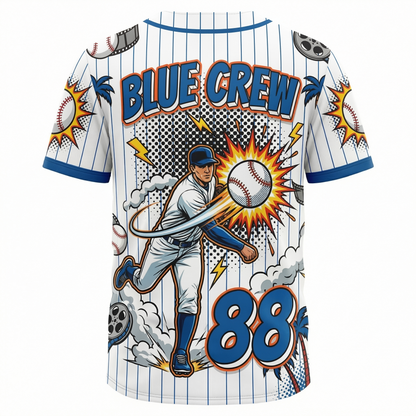 Vintage Los Angeles Blue Baseball Jersey - 90s Comic Book Style All-Over Print - Chavez Ravine Heritage Button-Up Shirt
