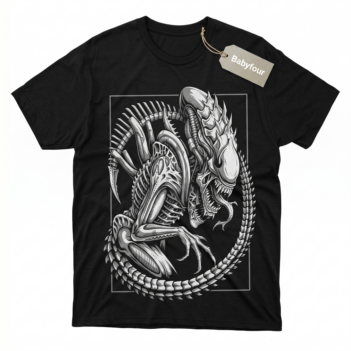 Unisex Tshirt - Biomechanical Skeletal Alien Monster Graphic Art, Coiled Xenomorph Form, Sci-Fi Horror Movie Inspired Design