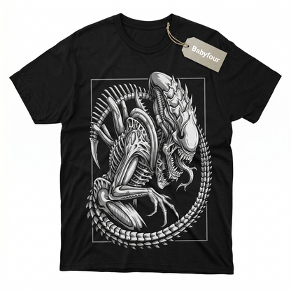 Unisex Tshirt - Biomechanical Skeletal Alien Monster Graphic Art, Coiled Xenomorph Form, Sci-Fi Horror Movie Inspired Design