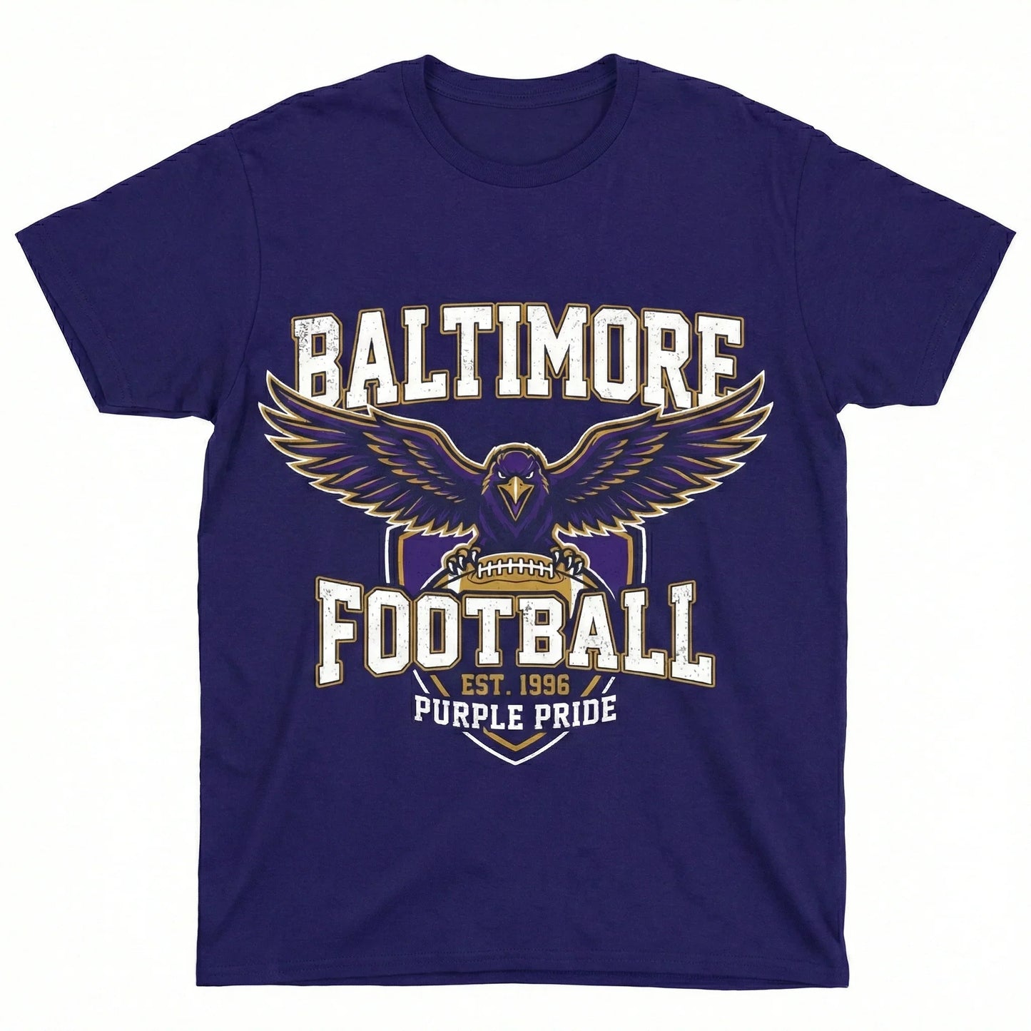 Purple Baltimore football t-shirt featuring a raven graphic and 'Purple Pride' slogan.