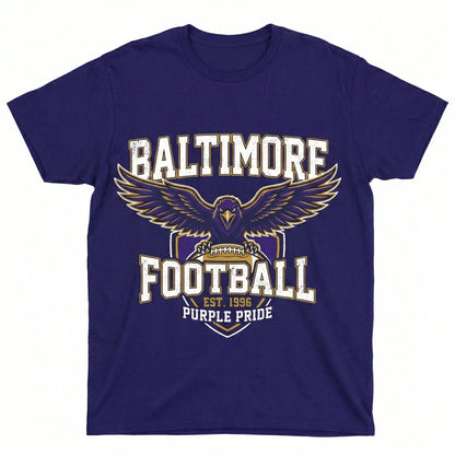 Purple Baltimore football t-shirt featuring a raven graphic and 'Purple Pride' slogan.