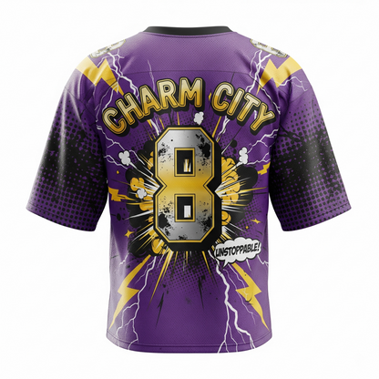 Charm City Gridiron Hero V-Neck Football Jersey | 90s Bootleg Comic Style | Purple Flock Game Day Apparel
