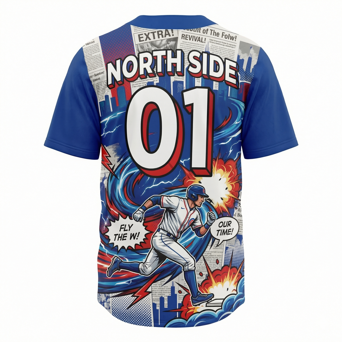 Chicago North Side Baseball Jersey - "Windy City Revival" Comic Style Button-Up Shirt - Blue & Red Fan Gear