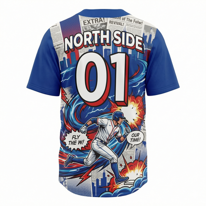 Chicago North Side Baseball Jersey - "Windy City Revival" Comic Style Button-Up Shirt - Blue & Red Fan Gear