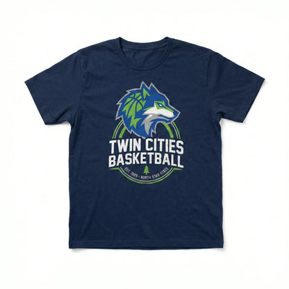 Navy blue T-shirt with Twin Cities Basketball wolf graphic and sports team logo print