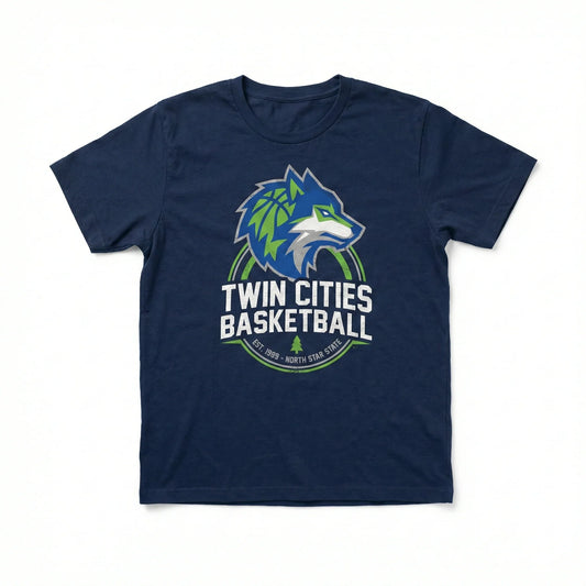 Navy blue T-shirt with Twin Cities Basketball wolf graphic and sports team logo print