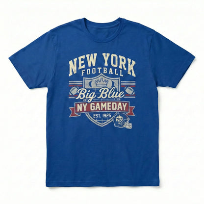 Blue New York football gameday t-shirt with Big Blue NY graphic and helmet design