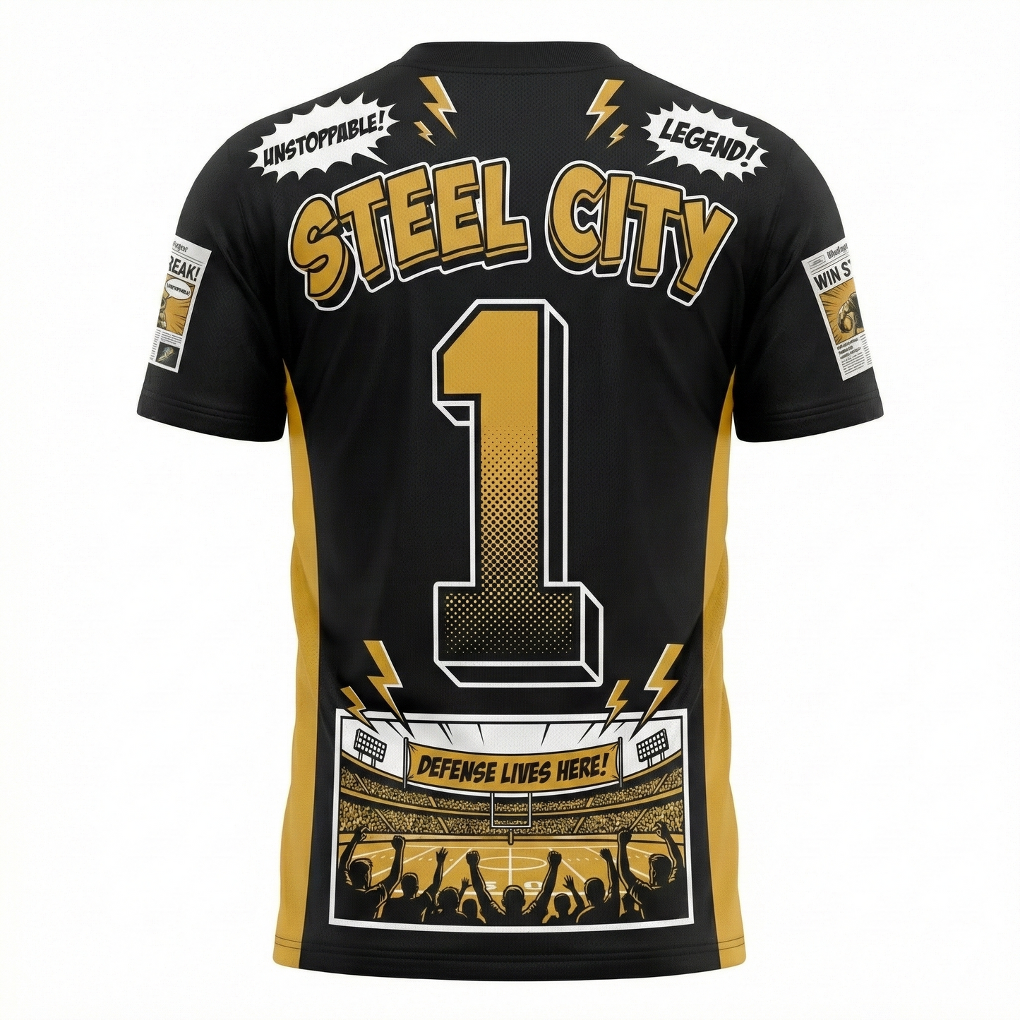 Steel City Gridiron Blitz AOP Football Jersey - 90s Comic Book Vintage Graphic, Black & Gold