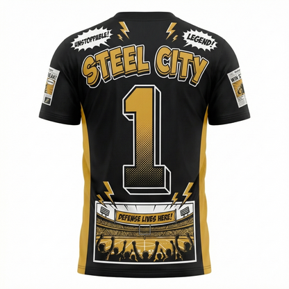 Steel City Gridiron Blitz AOP Football Jersey - 90s Comic Book Vintage Graphic, Black & Gold