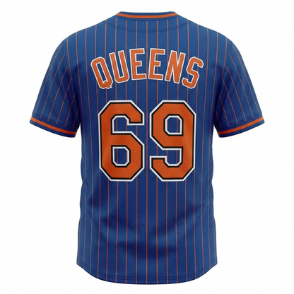 Unisex Queens Baseball Heritage Button-Up Jersey - Classic Blue & Orange Pinstripe Game Day Shirt