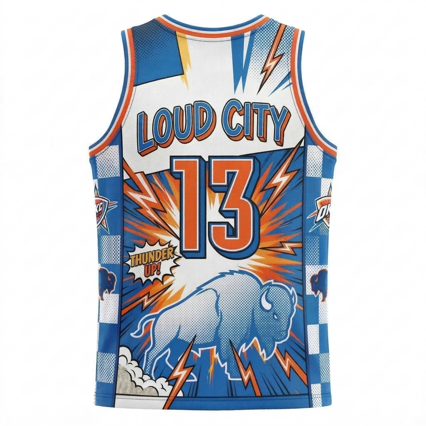 Unisex Oklahoma City Basketball Jersey Comic Book Style - Loud City AOP Fan Shirt - Blue/Orange