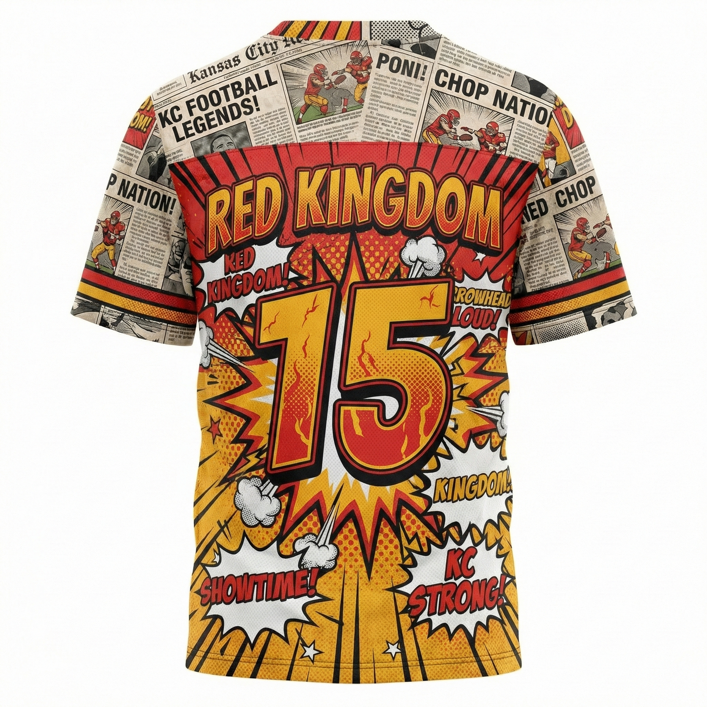 Vintage Kansas City Football Comic Style Jersey | Red & Gold Kingdom Bootleg Shirt | Retro Gridiron Hype Apparel