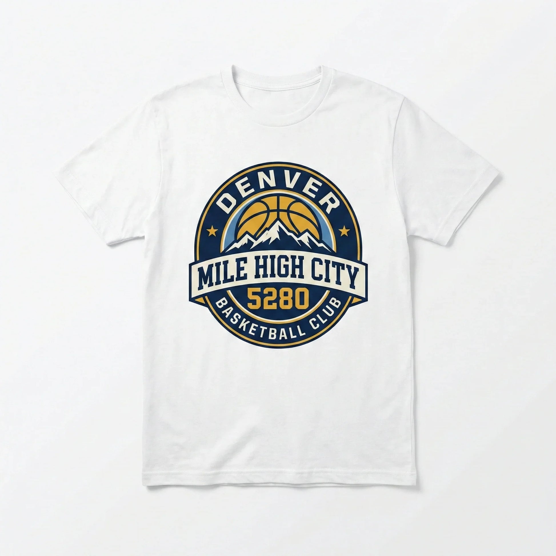 White t-shirt with Denver Mile High City 5280 basketball club logo and mountain graphic