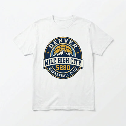 White t-shirt with Denver Mile High City 5280 basketball club logo and mountain graphic