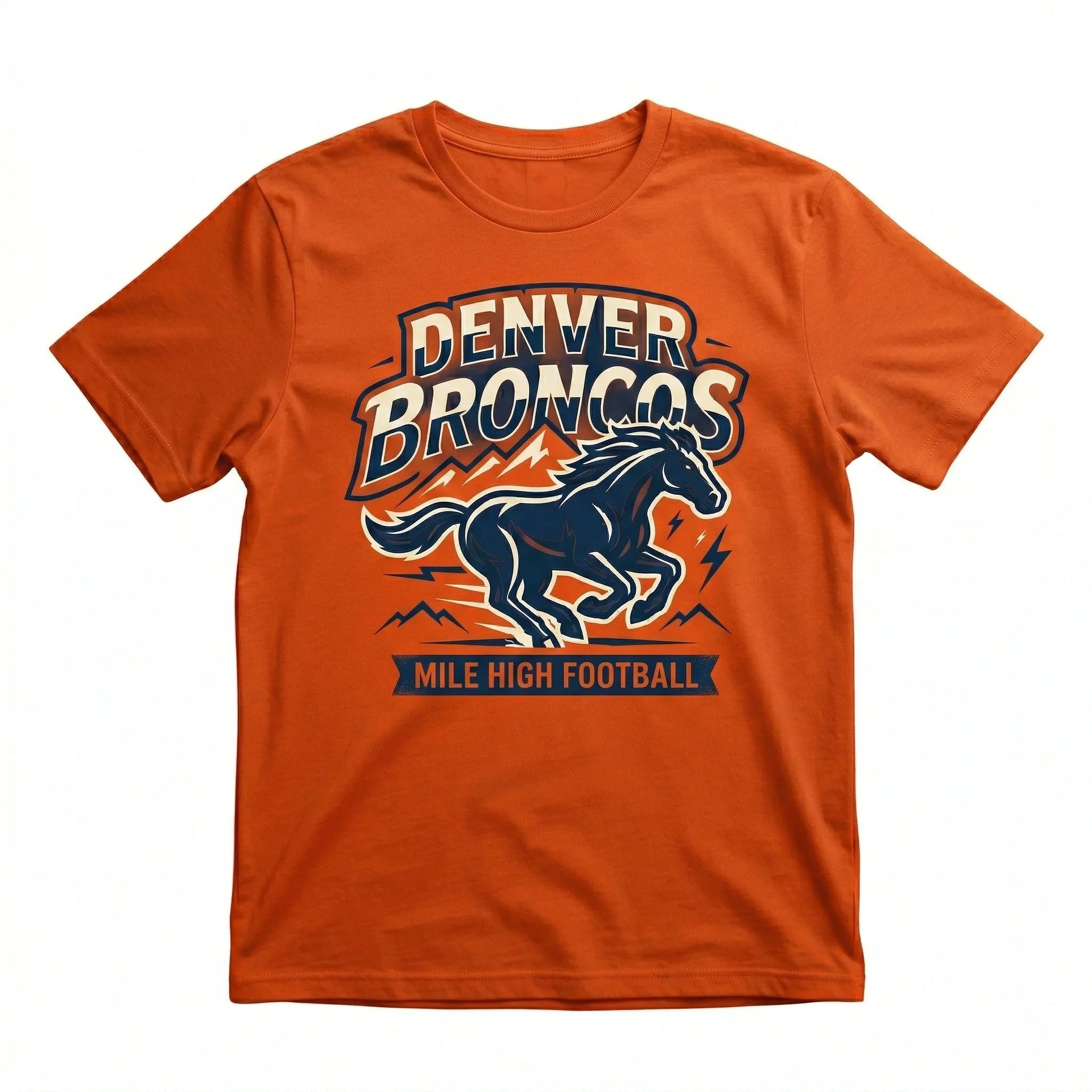 Orange Denver Broncos t-shirt with running horse and Mile High Football text, sports apparel