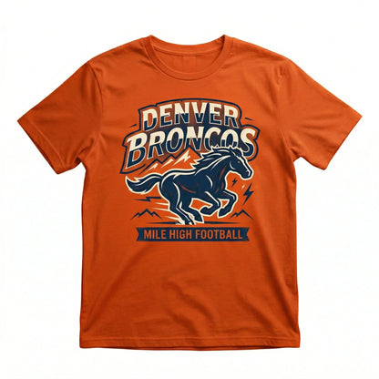 Orange Denver Broncos t-shirt with running horse and Mile High Football text, sports apparel