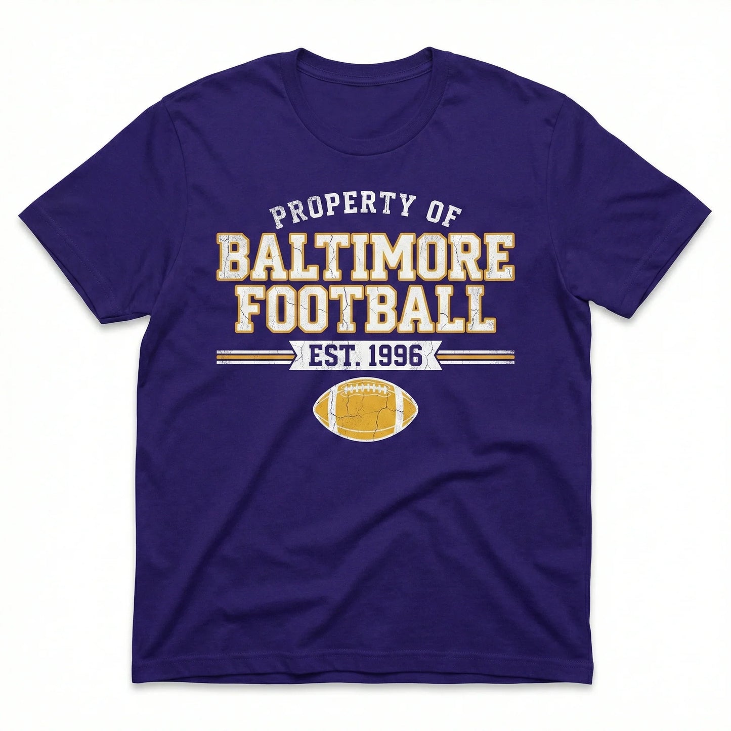 Purple Baltimore football t-shirt with yellow text and football graphic, EST. 1996