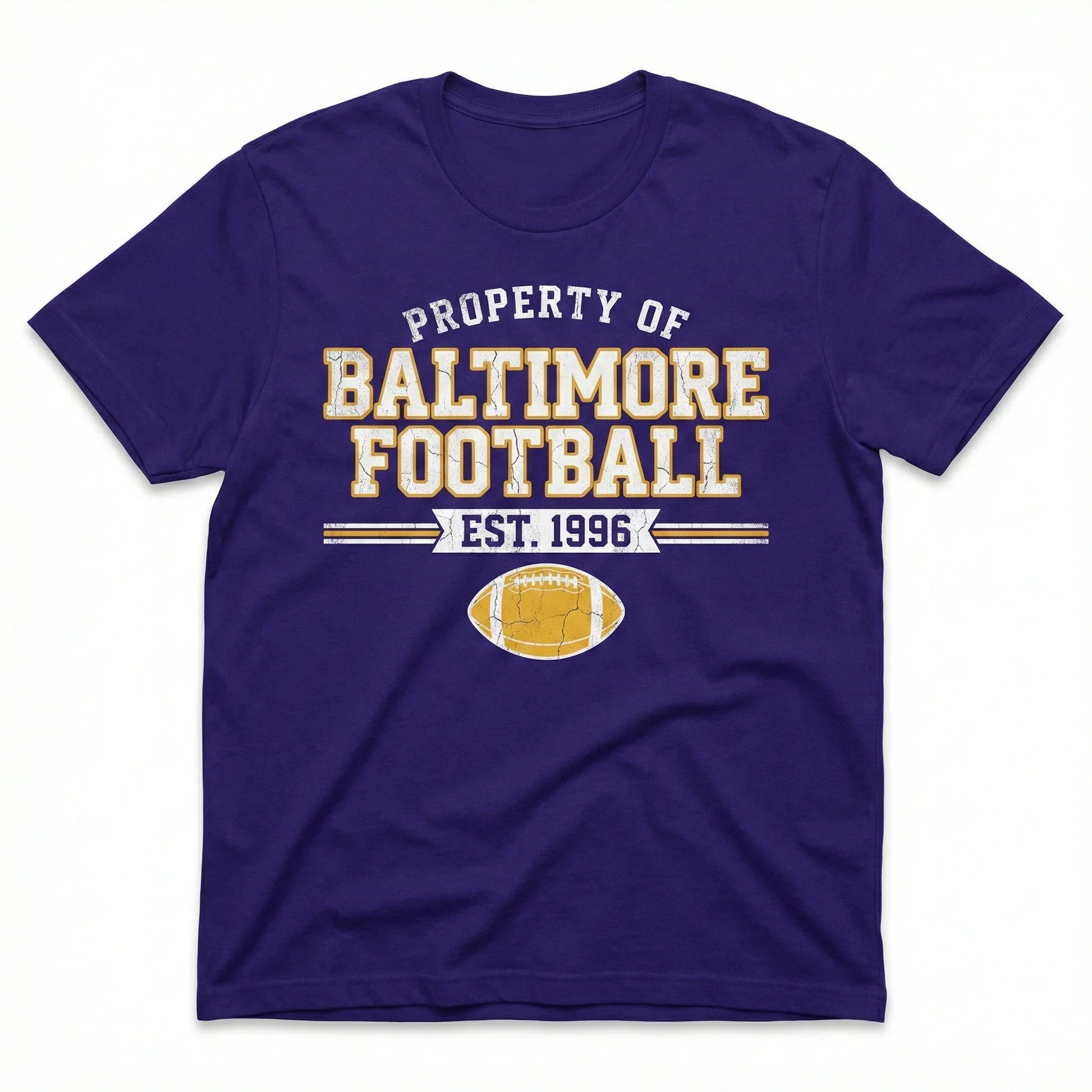Purple Baltimore football t-shirt with yellow text and football graphic, EST. 1996