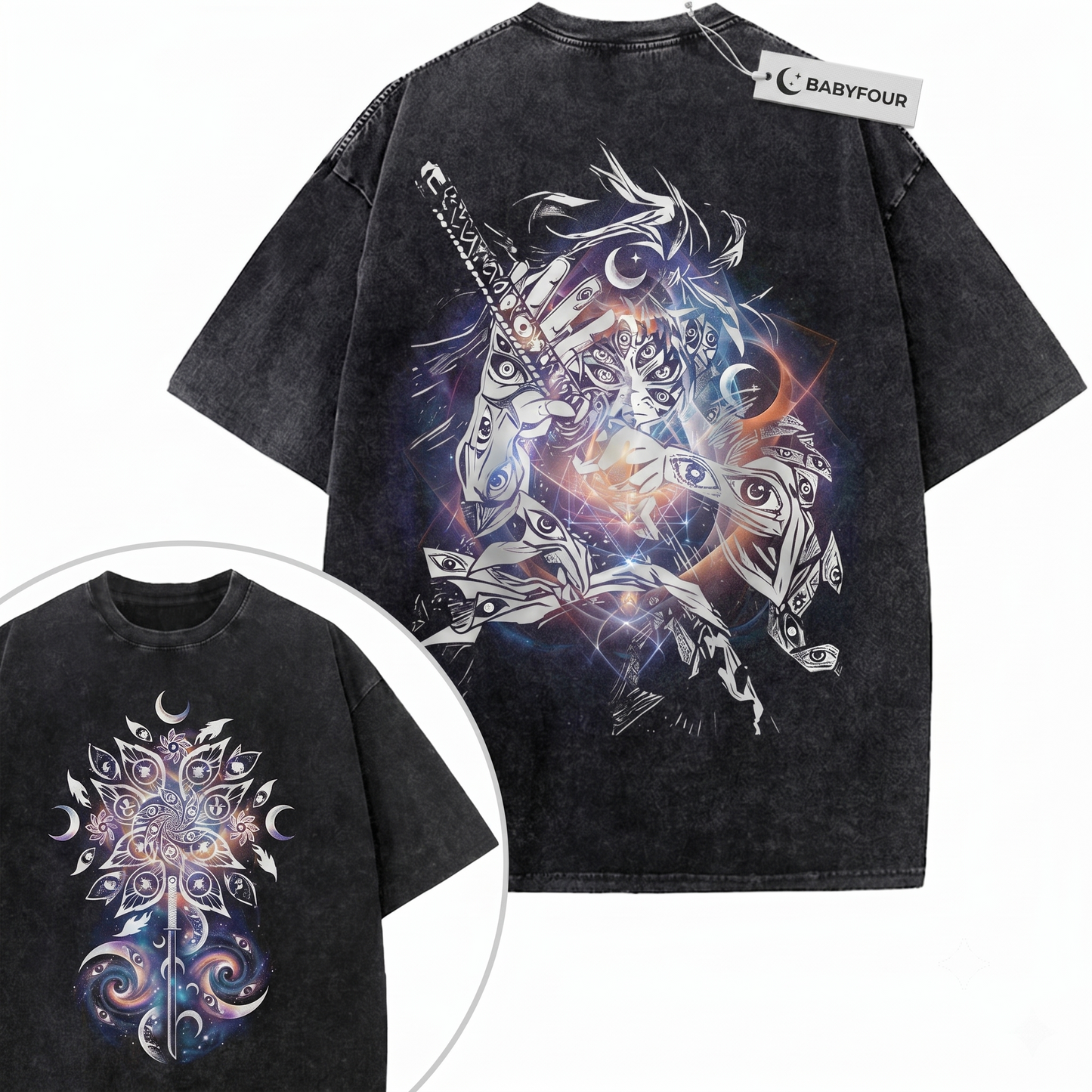 Vintage 2-Sided Six Eyed Demon Samurai Graphic Tee - Retro Upper Moon One Anime Swordsman Unisex T-shirt