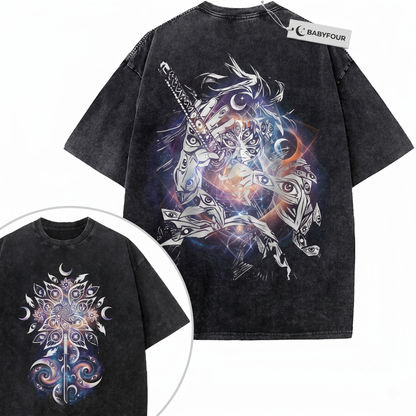 Vintage 2-Sided Six Eyed Demon Samurai Graphic Tee - Retro Upper Moon One Anime Swordsman Unisex T-shirt