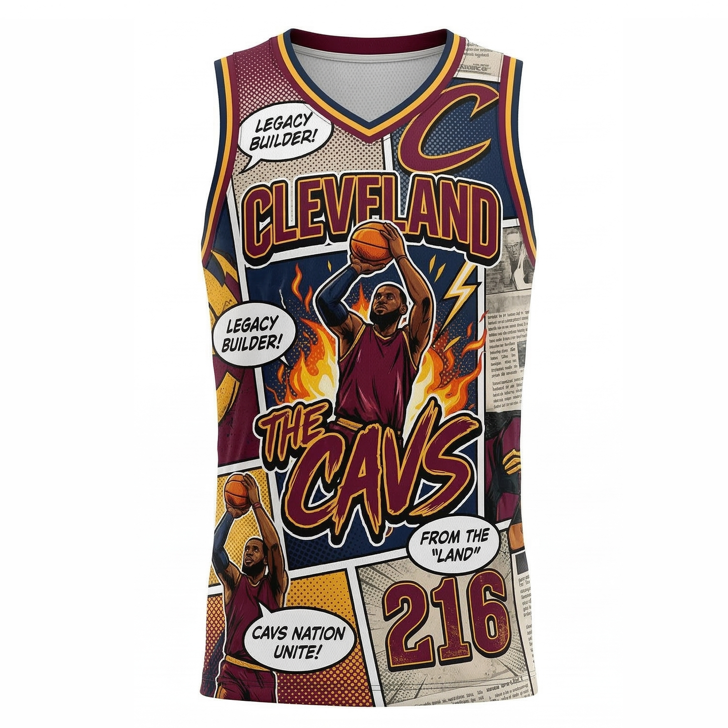 Unisex Cleveland 216 Basketball Jersey - Retro Comic Book Graphic Tank Top - Wine & Gold All-Over Print