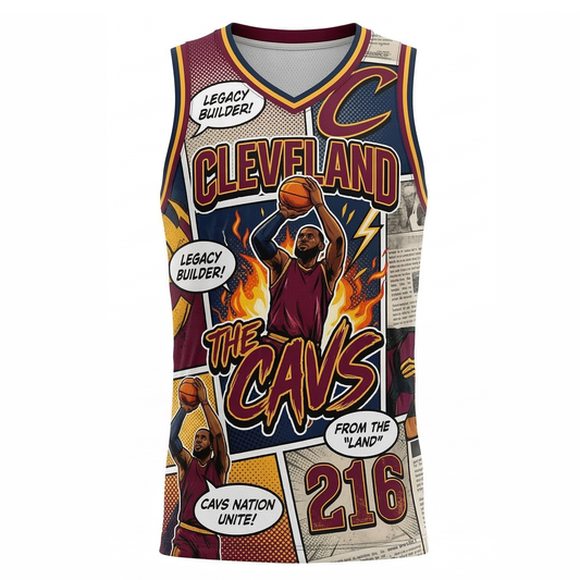 Unisex Cleveland 216 Basketball Jersey - Retro Comic Book Graphic Tank Top - Wine & Gold All-Over Print