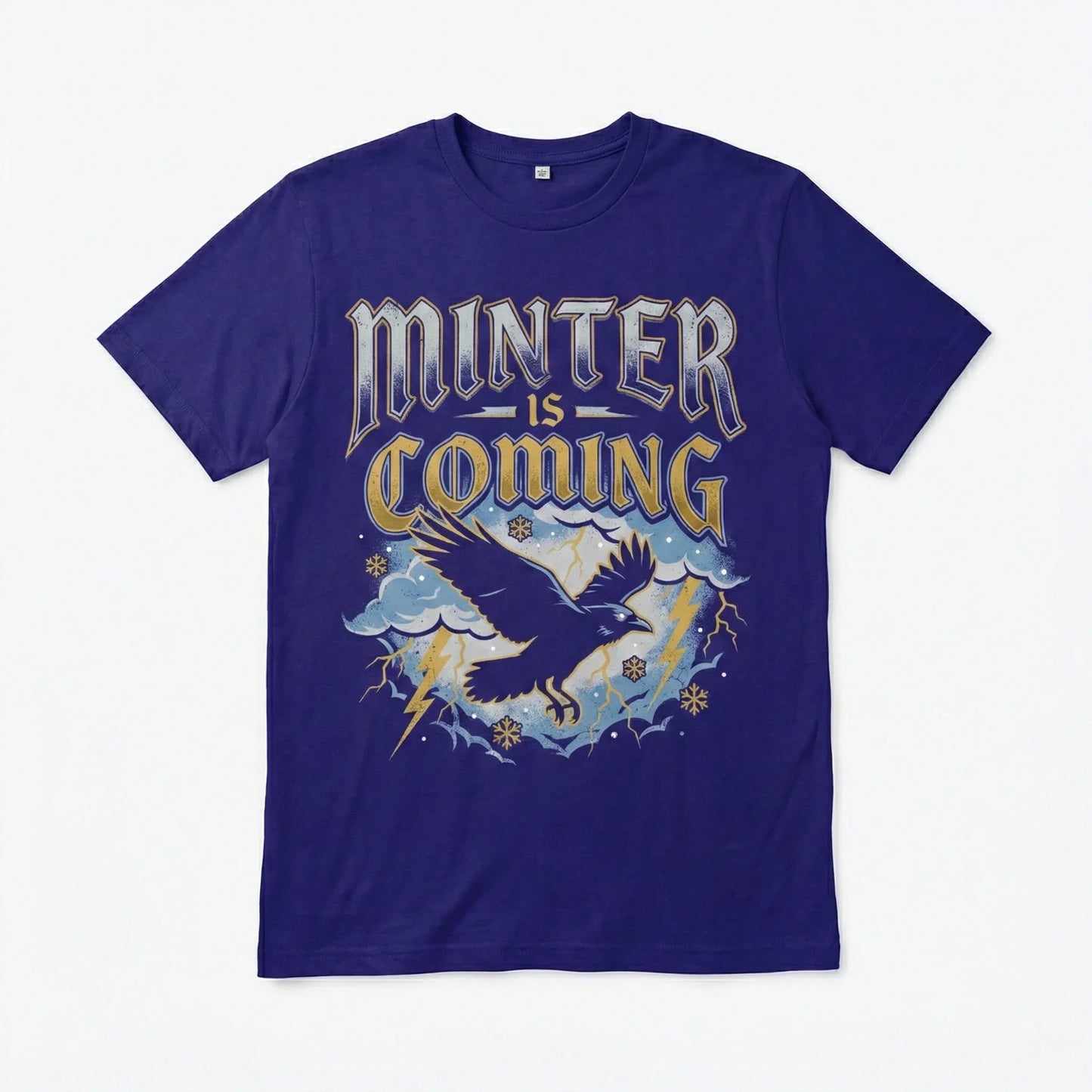 Purple t-shirt with 'Minter is Coming' text, flying raven, lightning, and snowflakes graphic.