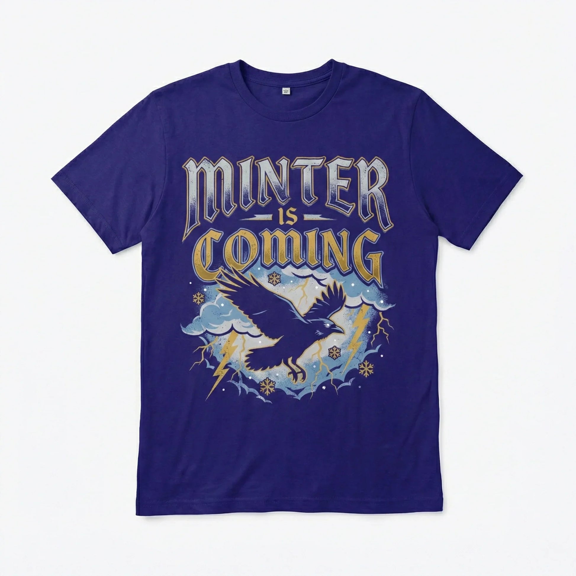 Purple t-shirt with 'Minter is Coming' text, flying raven, lightning, and snowflakes graphic.