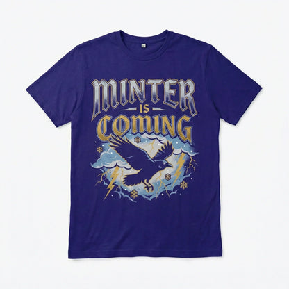 Purple t-shirt with 'Minter is Coming' text, flying raven, lightning, and snowflakes graphic.