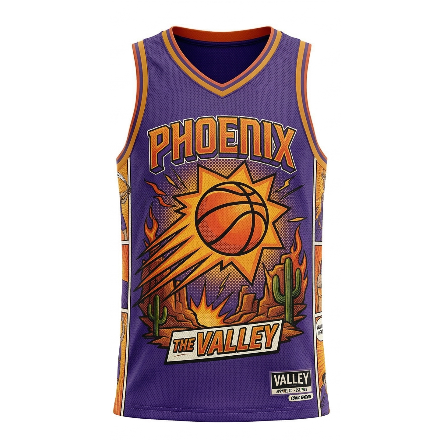 Phoenix Valley Basketball Jersey - Desert Sunburst Comic Edition - Retro Purple & Orange AOP Tank Top - Unisex Fan Apparel