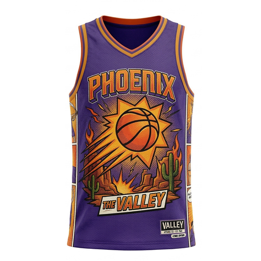 Phoenix Valley Basketball Jersey - Desert Sunburst Comic Edition - Retro Purple & Orange AOP Tank Top - Unisex Fan Apparel