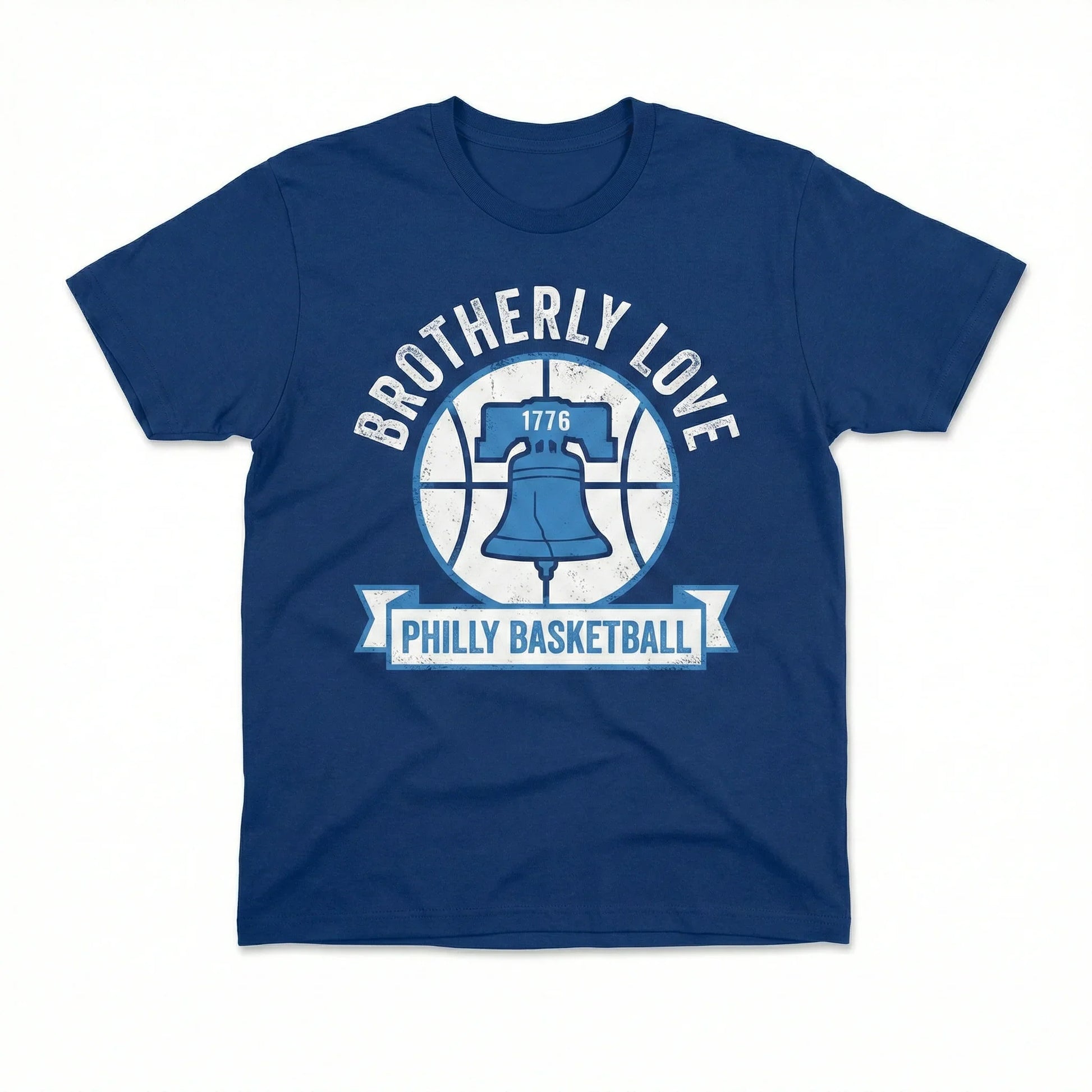 Blue t-shirt with Brotherly Love Philly Basketball and Liberty Bell graphic design
