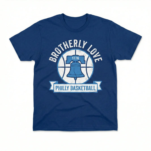 Blue t-shirt with Brotherly Love Philly Basketball and Liberty Bell graphic design