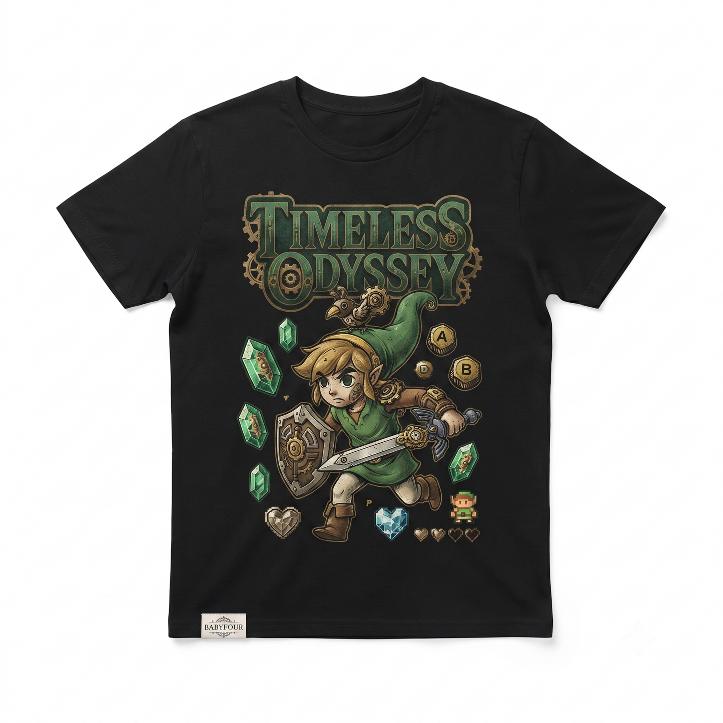 Retro Video Game Graphic Tee - Green Elf Boy with Sword and Shield T-Shirt - Black